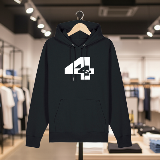 Black hoodie with a white text 442 on a hanger in a store setting