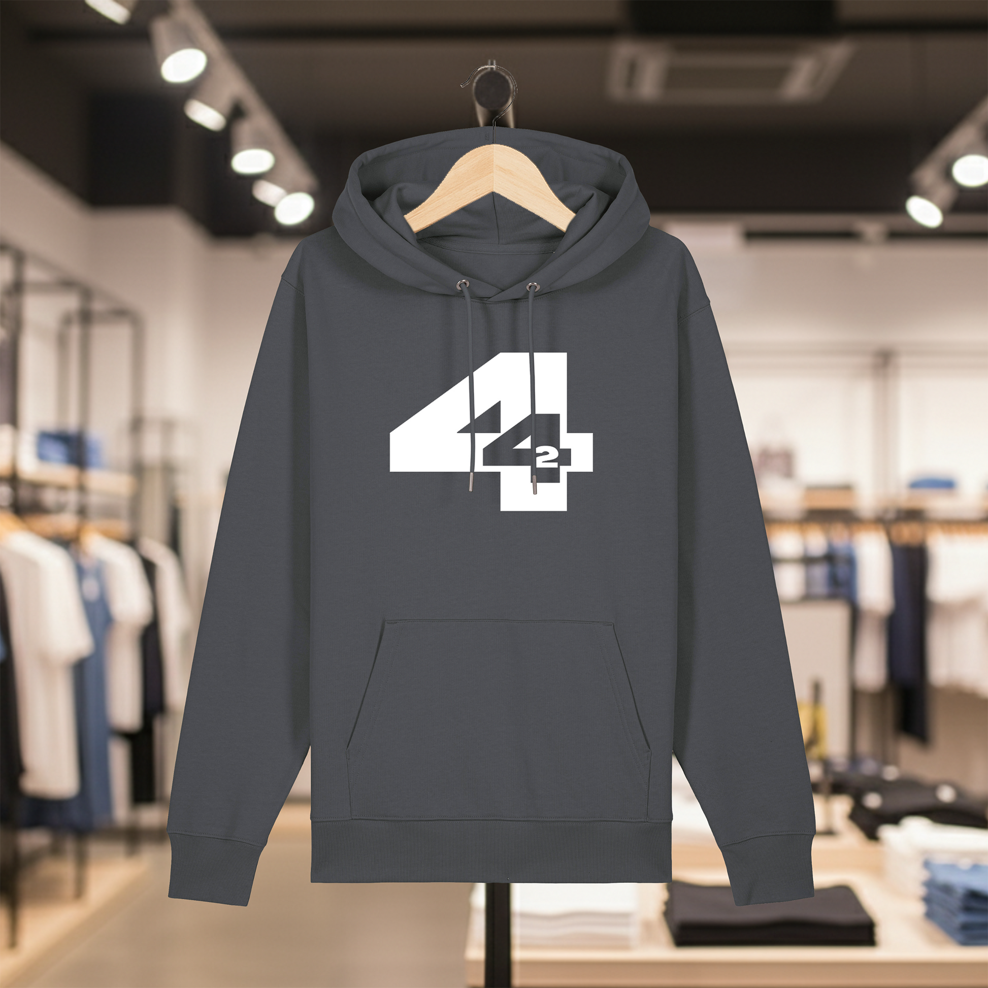 Grey hoodie with a white text 442 on a hanger in a store setting