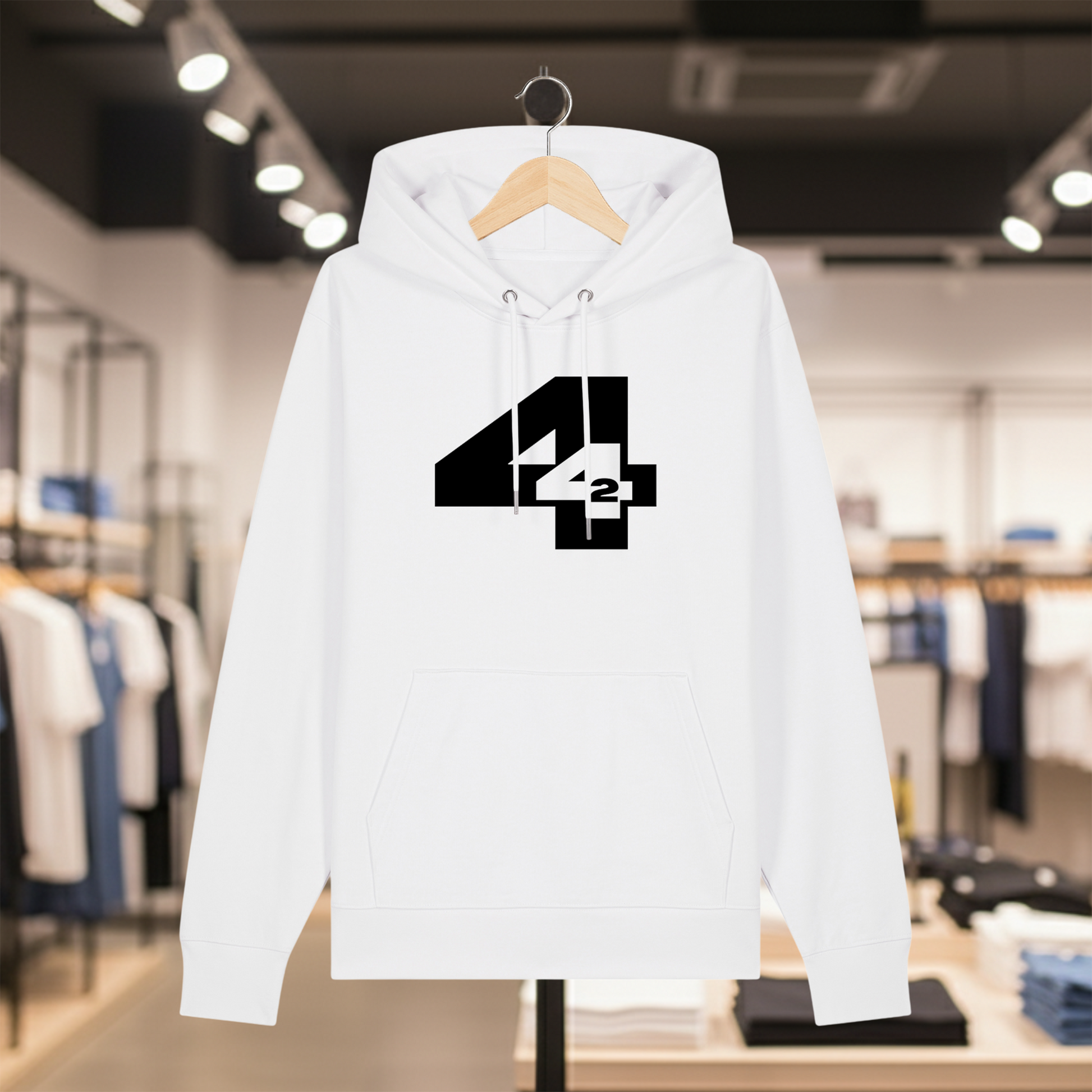 White hoodie with a white text 442 on a hanger in a store setting