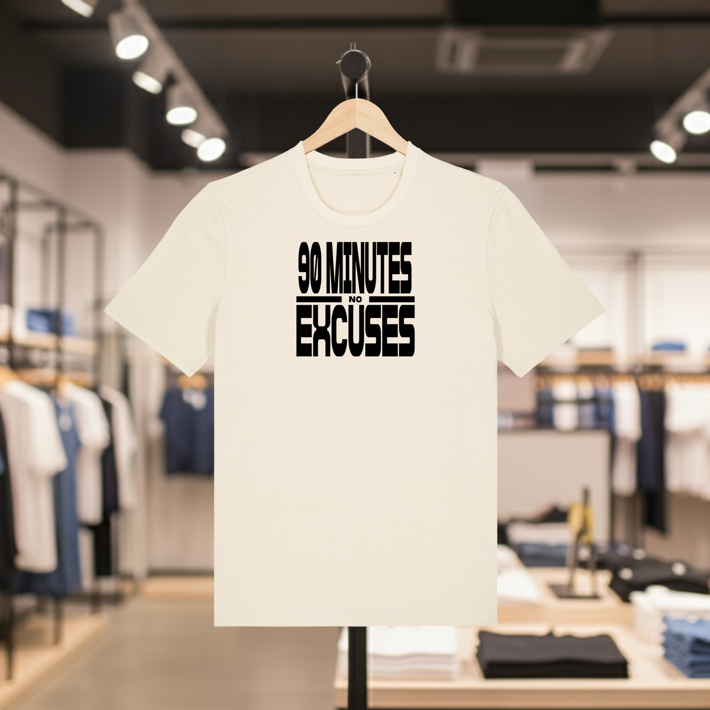 Natural t-shirt with '90 Minutes No Excuses' text on a hanger in a store setting
