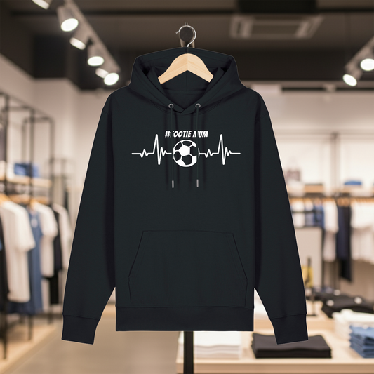 Black hoodie with text #FOOTIE MUM on a hanger in a store setting