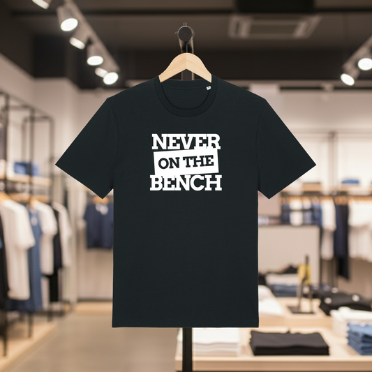 Black t-shirt with Never on the Bench text on a hanger in a store setting