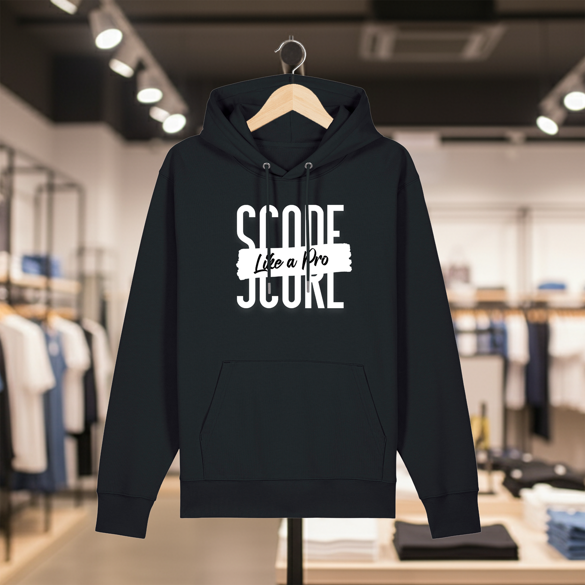 Black hoodie with text SCORE LIKE A PRO on a hanger in a store setting