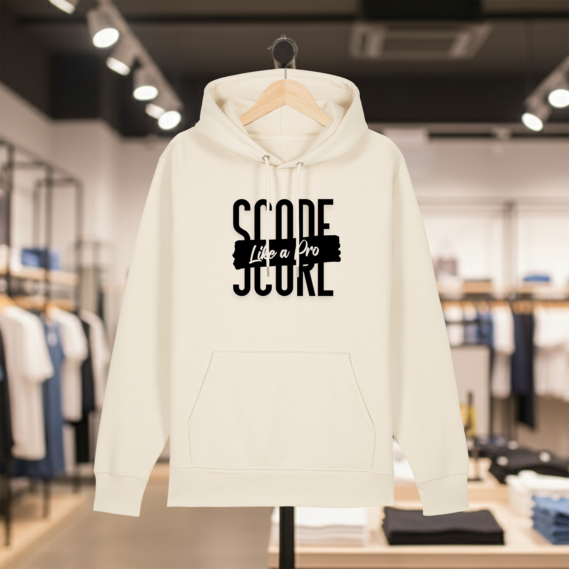 Natural hoodie with text SCORE LIKE A PRO on a hanger in a store setting