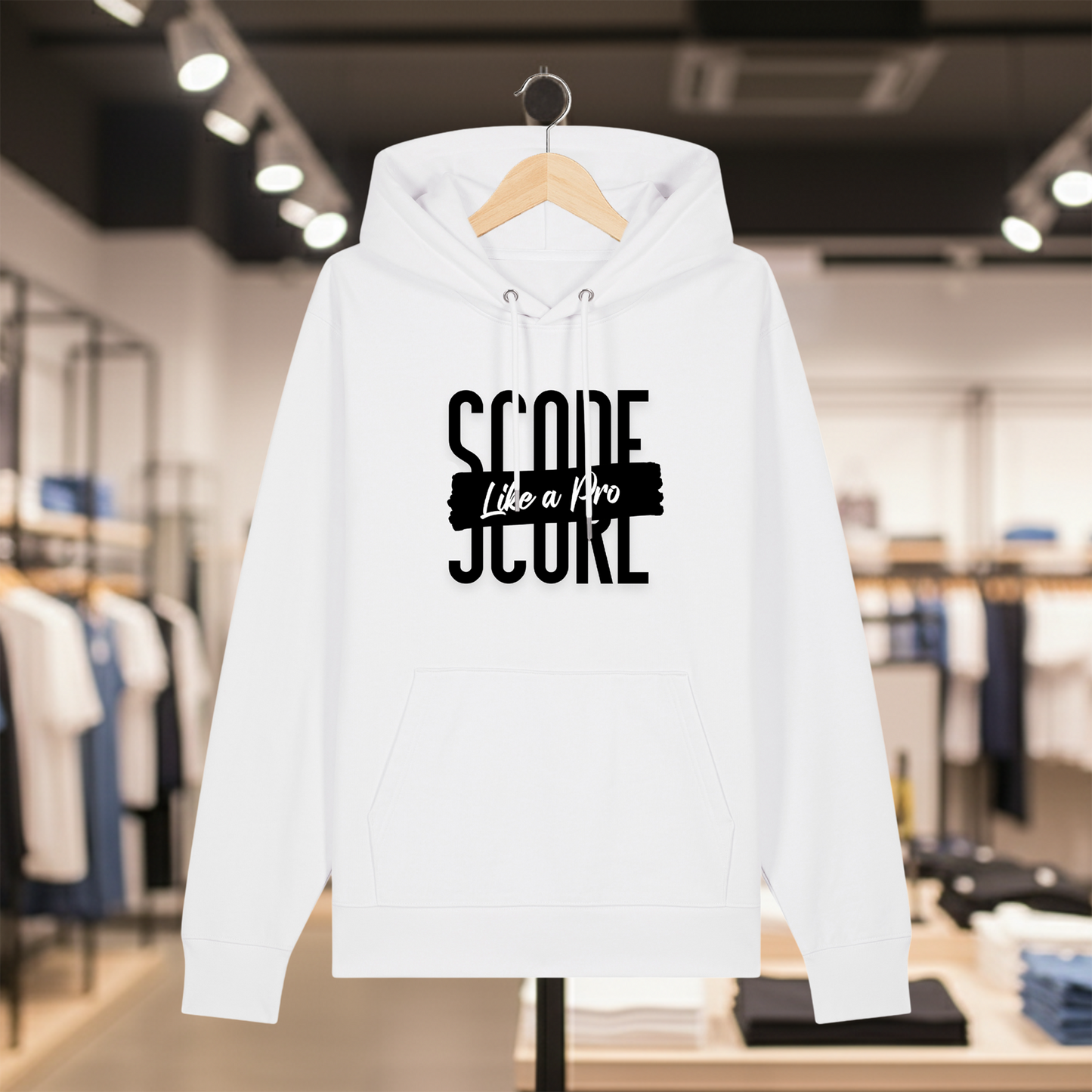 White hoodie with text SCORE LIKE A PRO on a hanger in a store setting