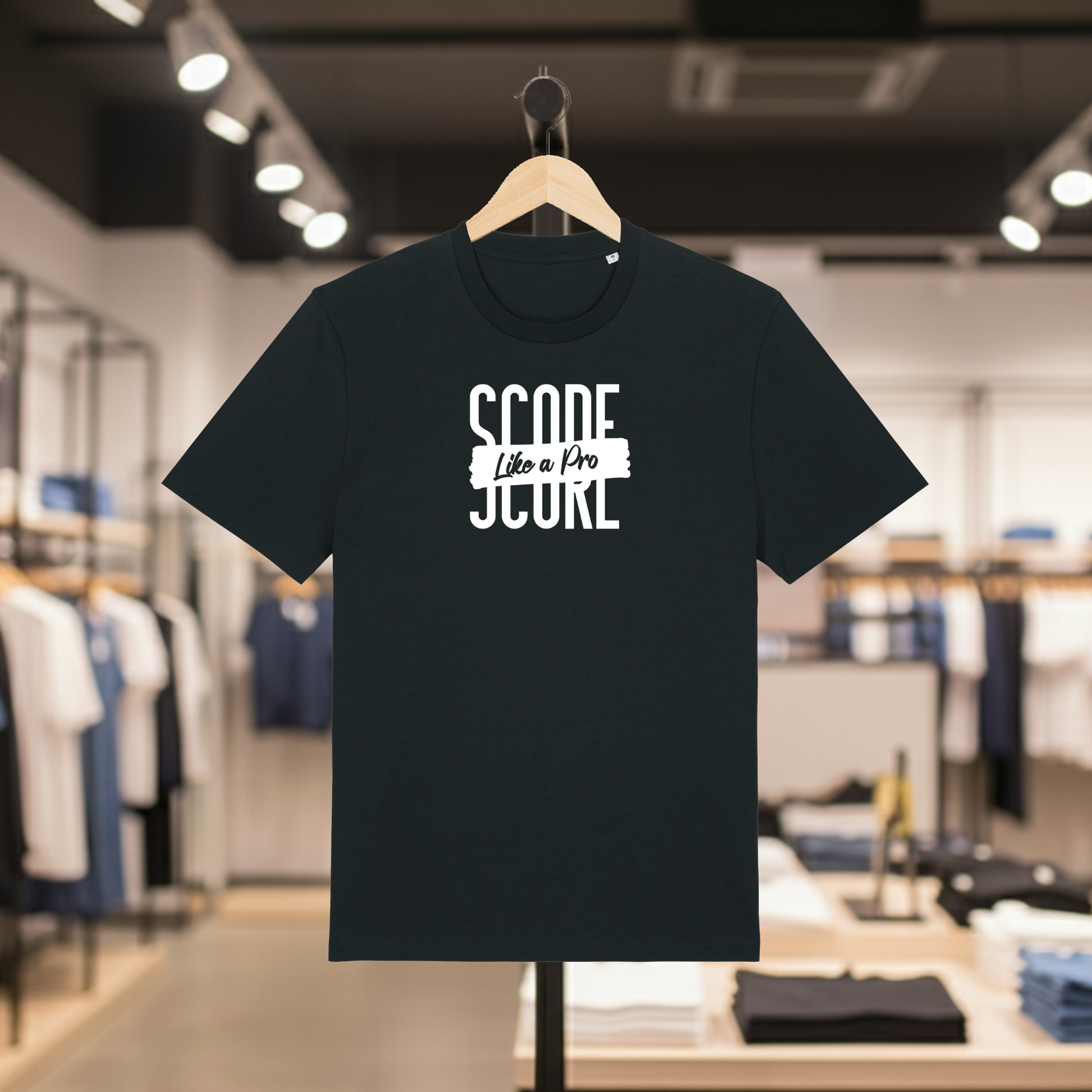 Black t-shirt with SCORE LIKE A PRO text on a hanger in a store setting