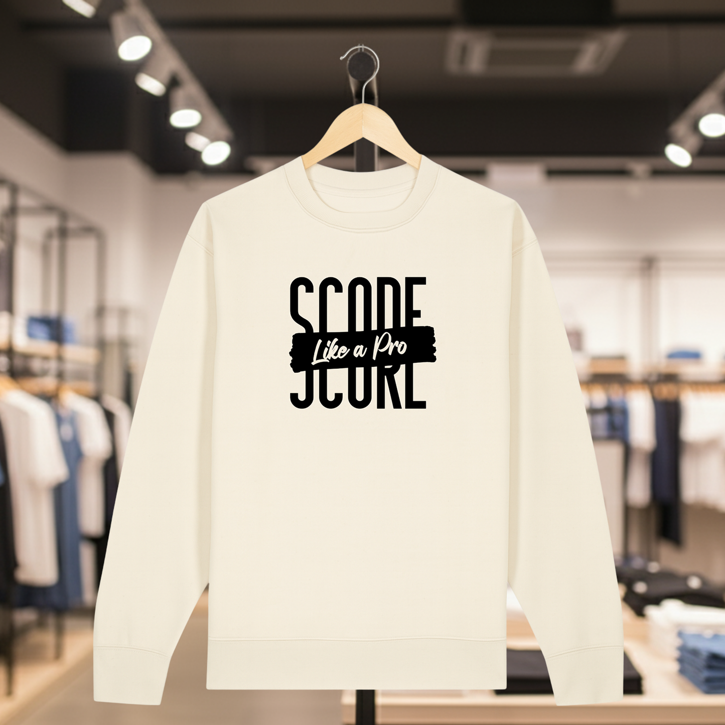 Natural sweatshirt with SCORE LIKE A PRO text on a hanger in a store setting