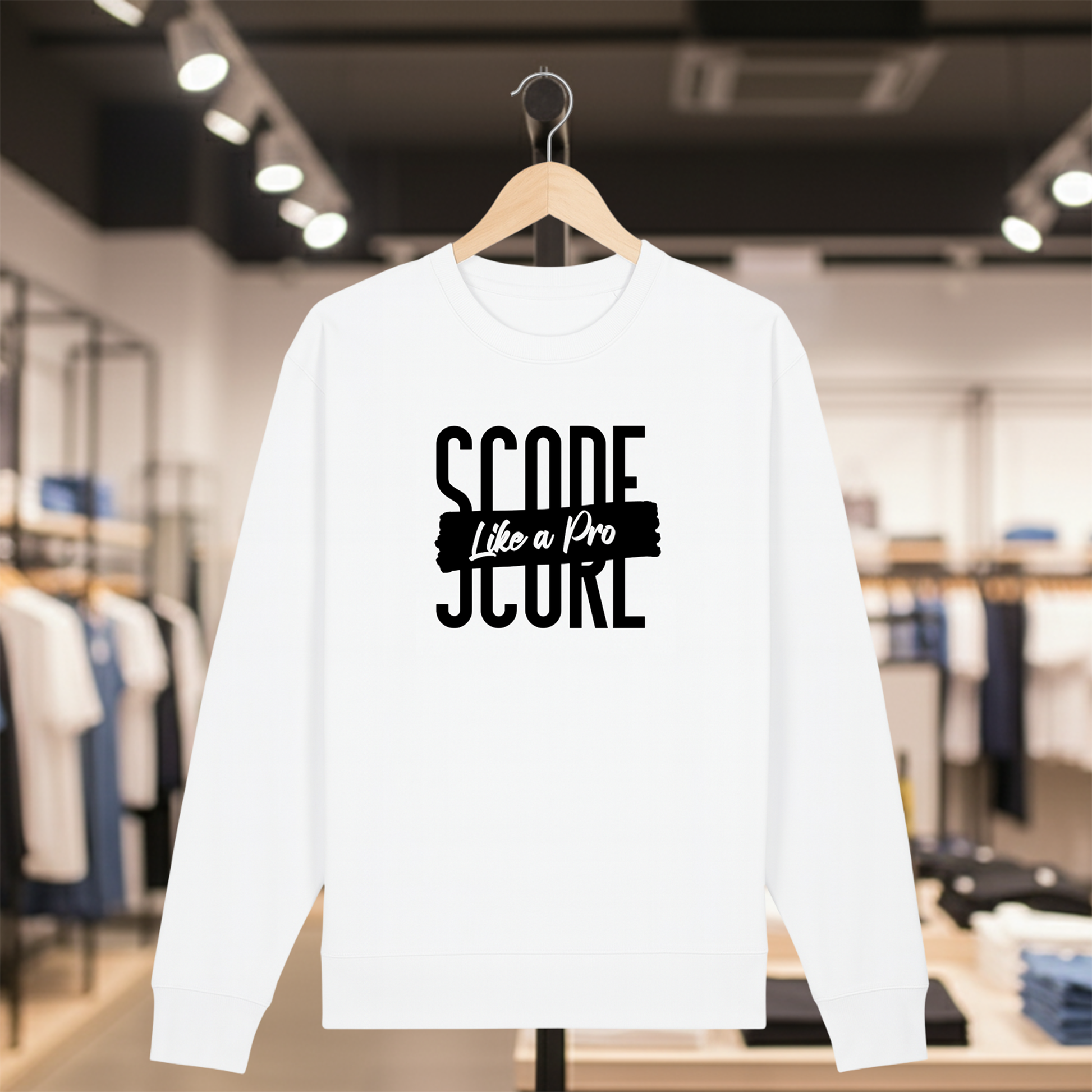 White sweatshirt with SCORE LIKE A PRO text on a hanger in a store setting