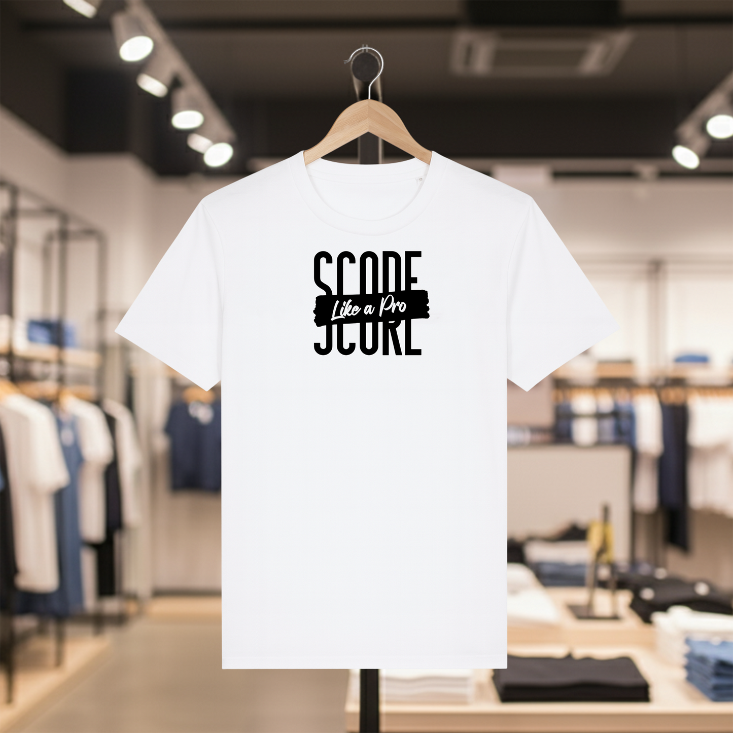 White t-shirt with SCORE LIKE A PRO text on a hanger in a store setting