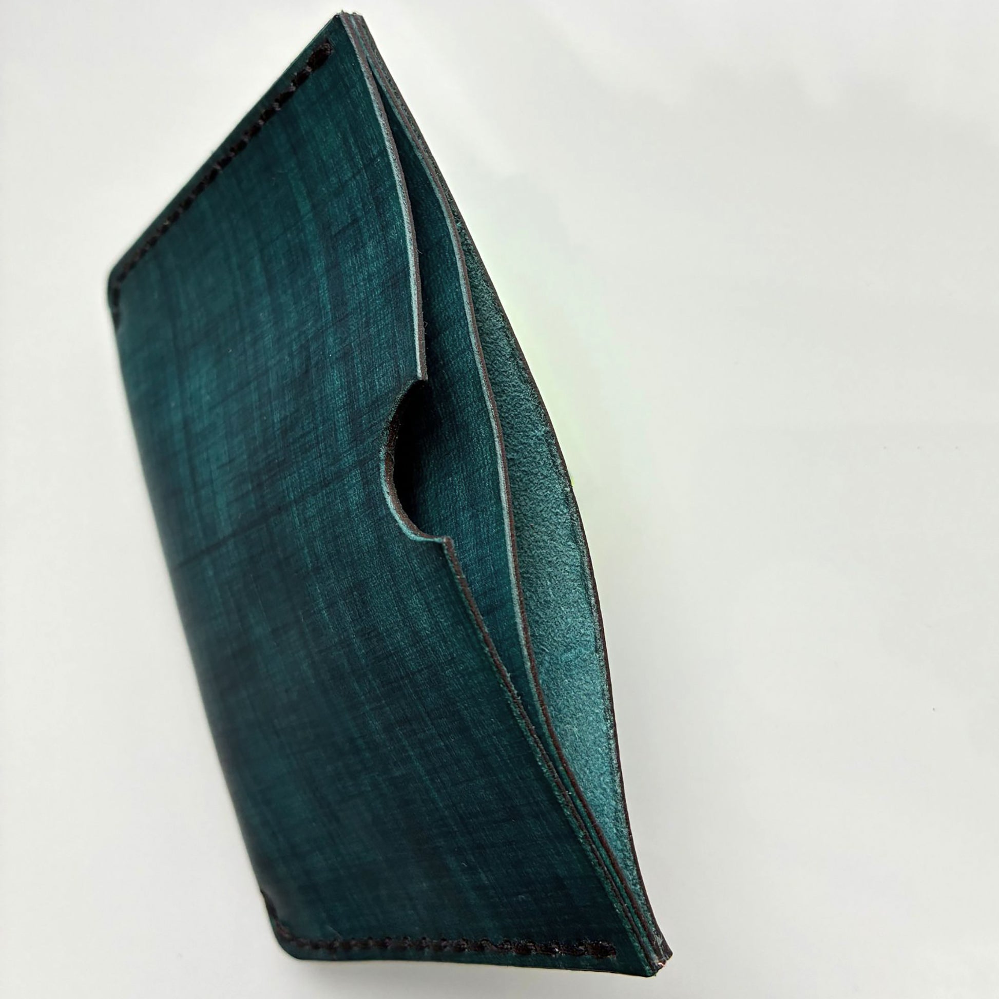 Teal coloured card wallet showing card slots