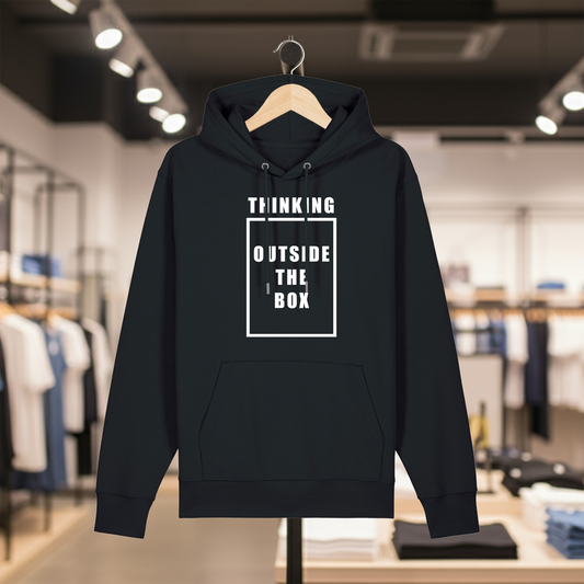Black hoodie with text THINKING OUTSIDE THE BOX on a hanger in a store setting