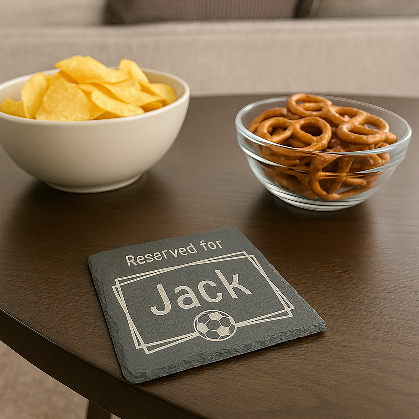 A square slate 'Reserved for Jack' coaster on a table with snacks